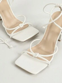 女士白色露趾凉鞋，性感时尚派对新款交叉绑带方头高跟鞋，简约优雅舒适厚底高跟鞋 - 白色 - 查看 6