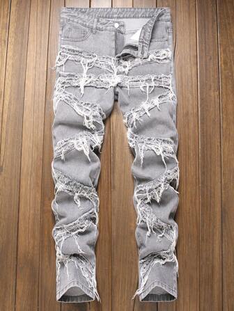 Men's Fashion Embroidered Fringe Jeans Teenage Streetwear Fringe Jeans Men's Casual Slim Fit Fringe Jeans