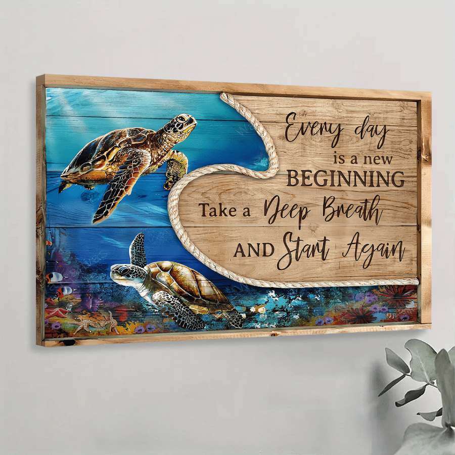 1 Pc Canvas Framed Wall Art Blue Ocean, Sea Turtle, Every Day Is A New Beginning - Jesus Landscape Canvas Prints, Wall Art For Living Room Bedroom Bathroom Modern Wall Deco Home Decorations