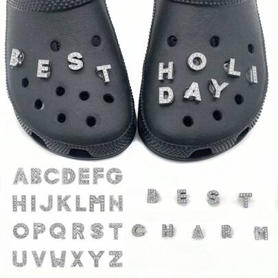 1 件合金镶嵌“水钻”英文字母设计鞋饰扣，适用于女士花园鞋、木屐、生日礼物、春夏季可爱鞋履配饰