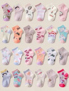 12 双儿童袜子，彩色卡通动物、蝴蝶、独角兽、女孩、糖果、花朵、字母、彩虹条纹图案，舒适、透气、柔软中筒袜，适合儿童日常生活，节日礼物，颜色和款式随机 - 彩色 - 查看 9
