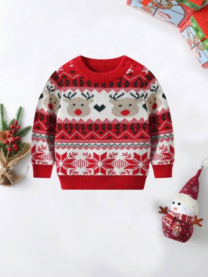 BOARNSEORL Suéter de punto con estampado de renos y copos de nieve para niños pequeños, cómodo para salidas festivas, fiestas, uso diario, otoño/invierno, Navidad