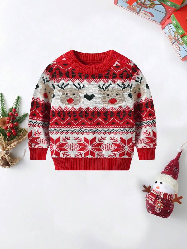 BOARNSEORL Suéter de punto con estampado de renos y copos de nieve para niños pequeños, cómodo para salidas festivas, fiestas, uso diario, otoño/invierno, Navidad