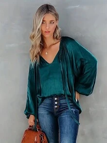 Women Solid Color Front Tie Long Sleeve Casual Blouse - Green - View 2