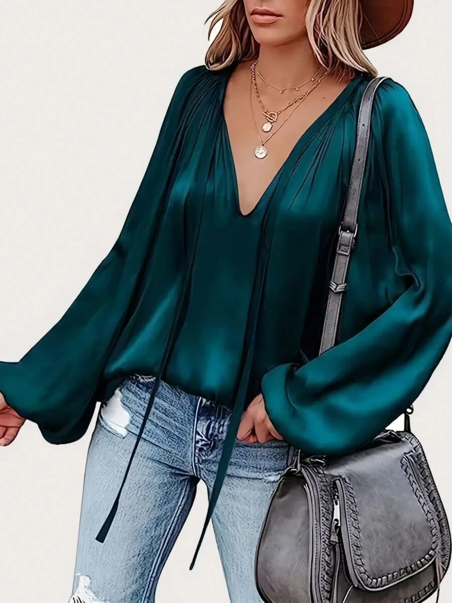 Women Solid Color Front Tie Long Sleeve Casual Blouse - Green - View 1