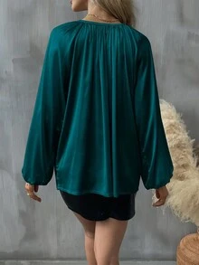 Women Solid Color Front Tie Long Sleeve Casual Blouse - Green - View 3