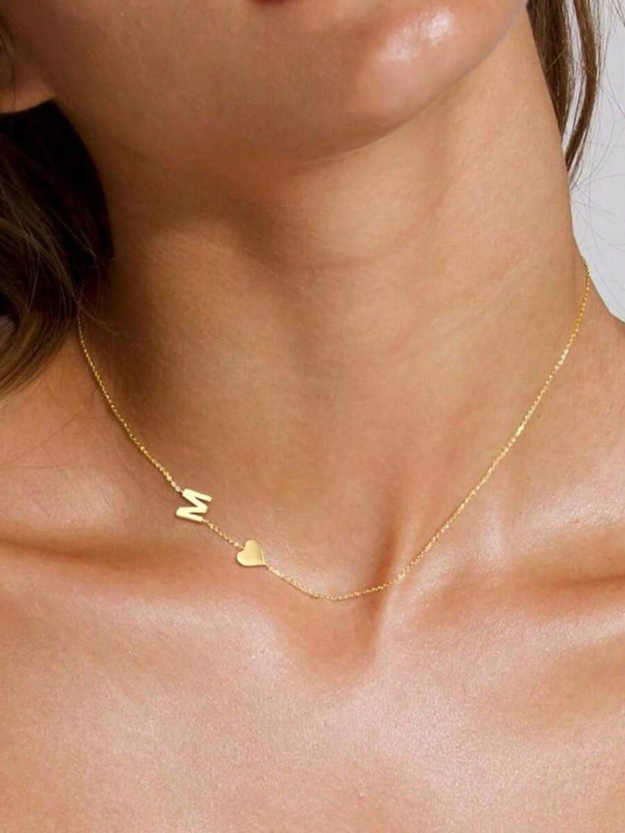 1 件个性精致侧边首字母心形项链 26 个字母 A-Z 名字吊坠项链 适合女士青少年女孩搭配日常生日珠宝圣诞礼物 - 項鍊 - 查看 1