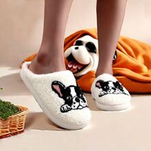 1 par de pantuflas gruesas y forradas de felpa con bordado de bulldog francés, patrón de perro, ideales para mamás de mascotas, invierno, regalo navideño