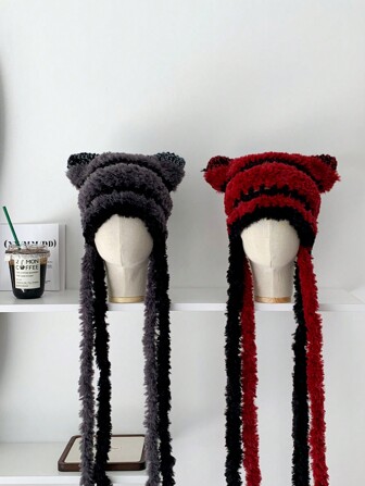 Cute Cat Ear Striped Plush Knit Hat, Warm Autumn/Winter Earflap Beanie, Versatile Bow Knit Fuzzy Hat For Women, Thick Warm Earflap Knit Hat For Autumn/Winter, Braided Plush Warm Earflap Hat For Women In Autumn/Winter