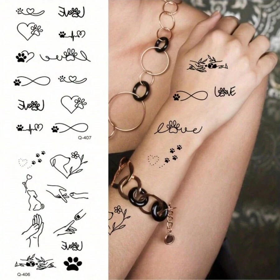 2 件简约线条艺术临时纹身 - 可爱的狗和猫爪印、心跳设计，适合所有性别 - 防水、逼真且持久的指甲贴纸，适用于手指、手臂、颈部 - 黑色 - 查看 1