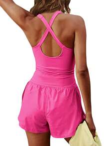 Women Solid Color Cami Playsuits Sleeveless Sports Short Jumpsuits Summer Cross Backless Romper Tracksuits