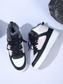 Women Leopard Print Thermal Lined High Top Boots, Warm Winter Boots, Versatile Casual Shoes, Lace-Up Round Toe Comfortable Footwear - trắng đen hồng dày - Xem 2