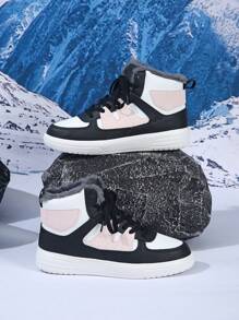 Women Leopard Print Thermal Lined High Top Boots, Warm Winter Boots, Versatile Casual Shoes, Lace-Up Round Toe Comfortable Footwear - trắng đen hồng dày - Xem 5