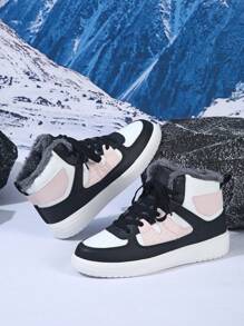 Women Leopard Print Thermal Lined High Top Boots, Warm Winter Boots, Versatile Casual Shoes, Lace-Up Round Toe Comfortable Footwear - trắng đen hồng dày - Xem 6