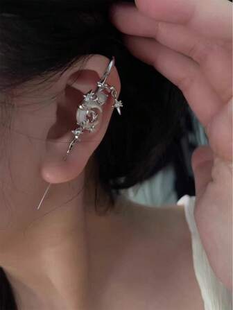 1 pieza Pendientes de mujer de moda con estrella, luna y rhinestones, pendientes geométricos elegantes y huecos, regalo para fiestas y eventos