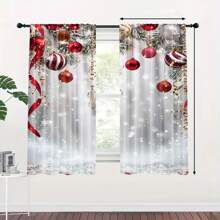 Set de 2 cortinas navideñas con diseño de copos de nieve y árbol - con ojales, cortinas de poliéster para sala de estar, dormitorio, cocina - decoración hogareña festiva de granja - Multicolor - Ver 7