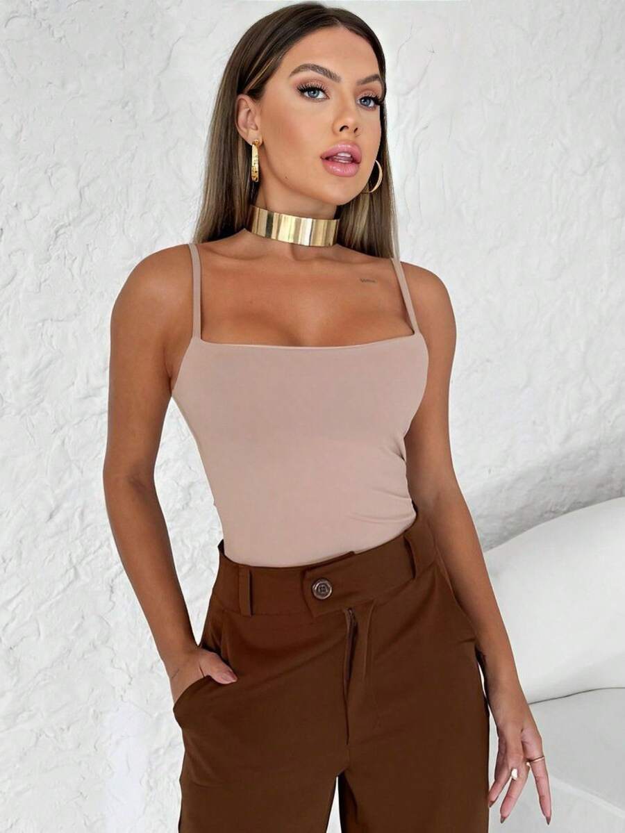 Bodysuit With Straps And Cups, Straight Neckline, Women's Fashion Trend, Blogger, Casual, Everyday - 米色 - 查看 1