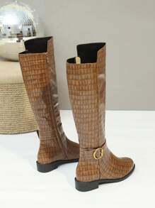 Women's Fashion Mid-Calf Boots, Camel Color Boots With Metal Buckle Decor Side Zip, Versatile High Tube Boots, Round Toe Chunky Heel Tall Boots, Comfortable Winter Boots For Women