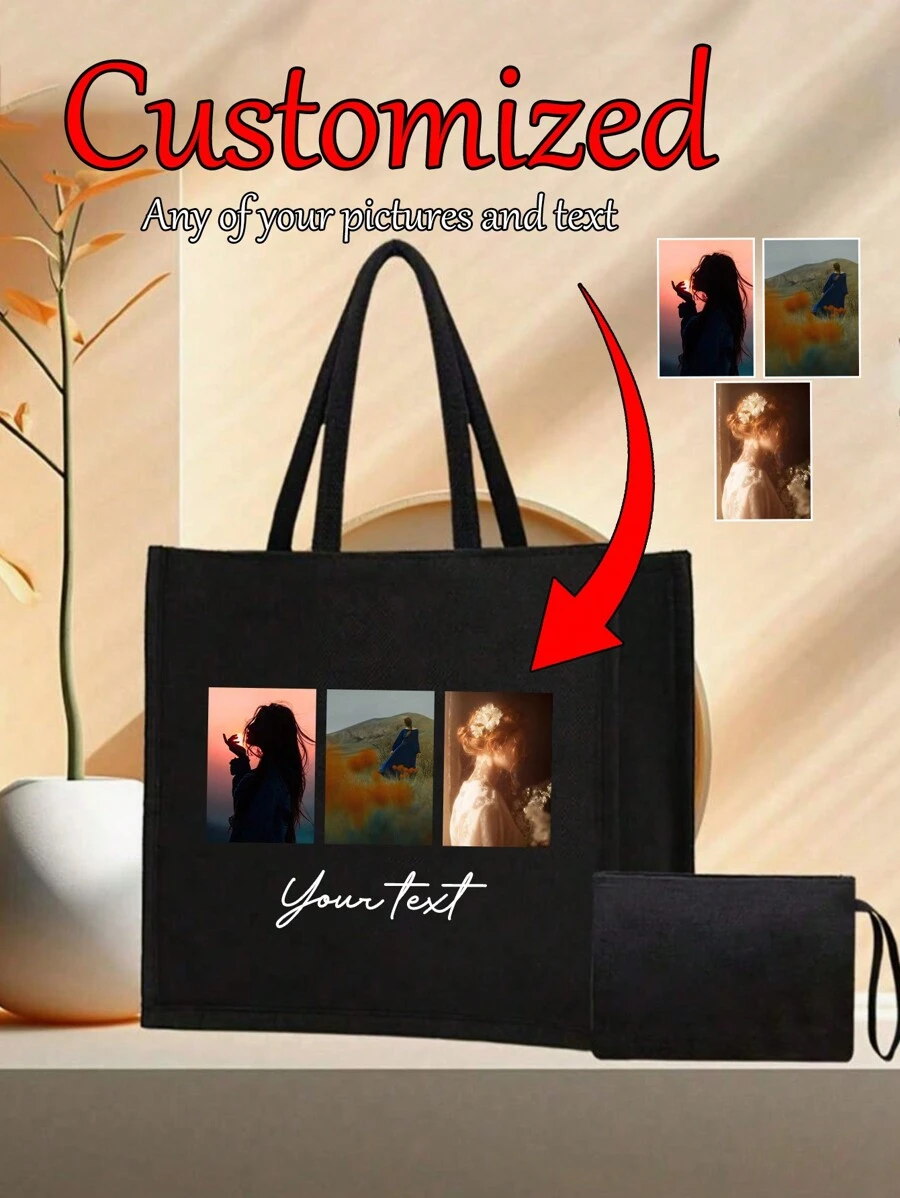2 件/套定制图像和文字个性化手提包，黑色亚麻包，女士亚麻大容量手提包，购物袋，便当袋，送给朋友、亲戚、老师的礼物，适合日常旅行、海滩度假、购物，非常适合学校、生日、大学、工作、商务、通勤、户外、旅行、户外、度假等 - 黑色 - 查看 1