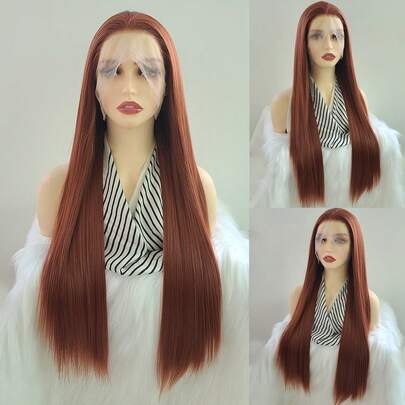 Tóc giả ren phía trước Chic Auburn - Đường chân tóc đã nhổ sẵn, Tóc tổng hợp thẳng dài 13x4 inch màu nâu sô cô la đen, chịu nhiệt và không cần keo