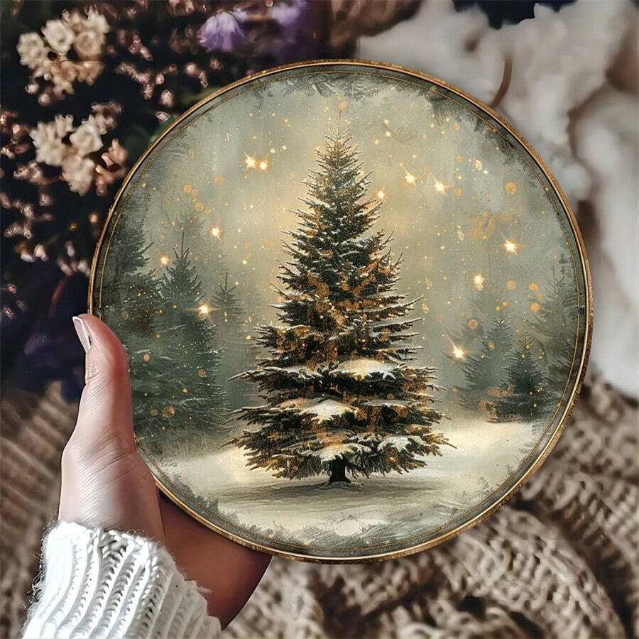 1pc, Nghệ thuật treo tường cây thông Noel lấp lánh mộc mạc, 20,32x20,32 cm, Trang trí tường ngày lễ cổ điển, Sử dụng trong nhà và ngoài trời, Biển thiếc cho gia đình, nhà hàng, quán cà phê, nhà để xe, Nghệ thuật treo tường lễ hội, Chất liệu nhôm - Nhiều màu - Xem 1