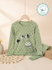 2 件套 小男孩绿色圆点卡通印花家居服套装 保暖内衣 春秋 - 薄荷綠 - 查看 1