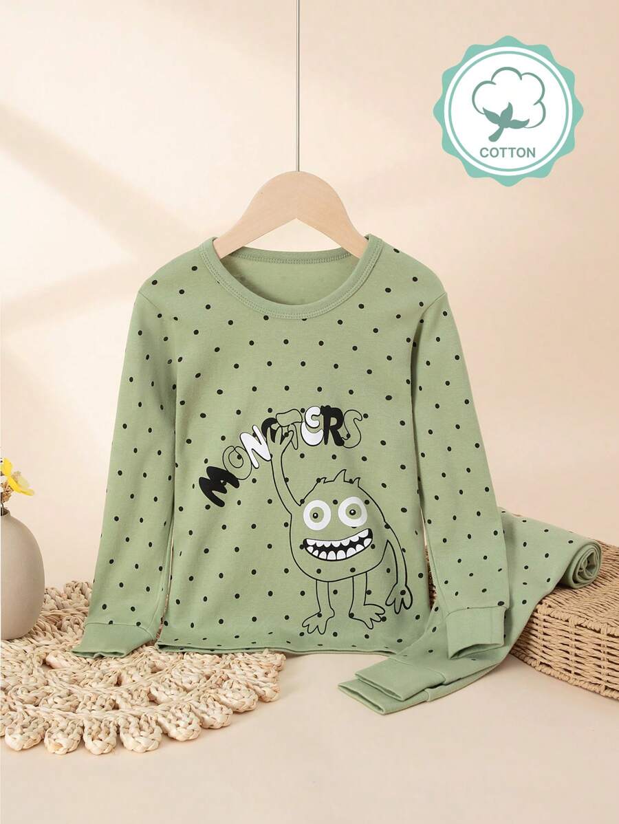 2 件套 小男孩绿色圆点卡通印花家居服套装 保暖内衣 春秋 - 薄荷綠 - 查看 1