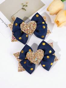 2pcs Navy Blue Hair Clips With Gold Polka Dot Pattern, Shiny Sequin Hair Clips With Gold Heart, Suitable For Girls And Teenagers - Navy Blue - View 4