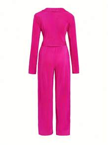 Two Piece Outfits For Women Sexy Long Sleeve Pleated V Neck Wrap Tie Front Crop Top With Wide Leg Pants Sets Streetwear - 玫紅色 - 查看 5