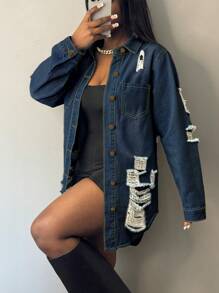 New Style Hot Selling European And American Fashion Washed And Frayed Women's Denim Jacket - Rửa tối - Xem 2