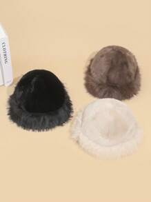 1pc Solid Color Vintage Fleece Ear Muff Beanie Hat, Thick Warm Windproof Bucket Hat For Women, Autumn/Winter - Cap - View 1