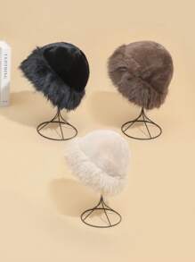 1pc Solid Color Vintage Fleece Ear Muff Beanie Hat, Thick Warm Windproof Bucket Hat For Women, Autumn/Winter - Cap - View 2