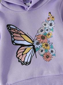2pcs/Set Baby Girls Cute Simple Butterfly Print Hooded Long Sleeve Sweatsuit, Spring/Autumn - Multicolor - View 5