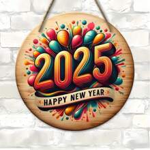 1 pièce Couronne Rétro 2025 Bonne Année - Vintage, 8x8 pouces, multicolore, ronde, faux bois, décorative murale, décoration maison/chambre/porche, cadeau de fête, texte en anglais, polyvalent