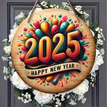 1 pièce Couronne Rétro 2025 Bonne Année - Vintage, 8x8 pouces, multicolore, ronde, faux bois, décorative murale, décoration maison/chambre/porche, cadeau de fête, texte en anglais, polyvalent