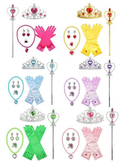 1set Kids Heart Crown, Wand, Gloves, Chain, Princess Dress Up Prop For Role Play Party, Ice Princess Costume