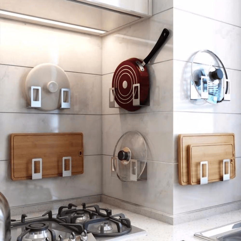 Stainless Steel WallMounted Pot Lid Holder Rack, No Drilling, Cookware