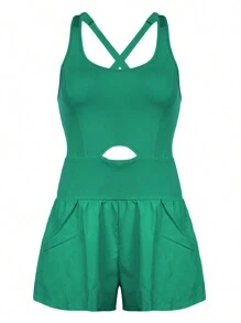 Women Solid Color Cami Playsuits Sleeveless Sports Short Jumpsuits Summer Cross Backless Romper Tracksuits - Green - View 6