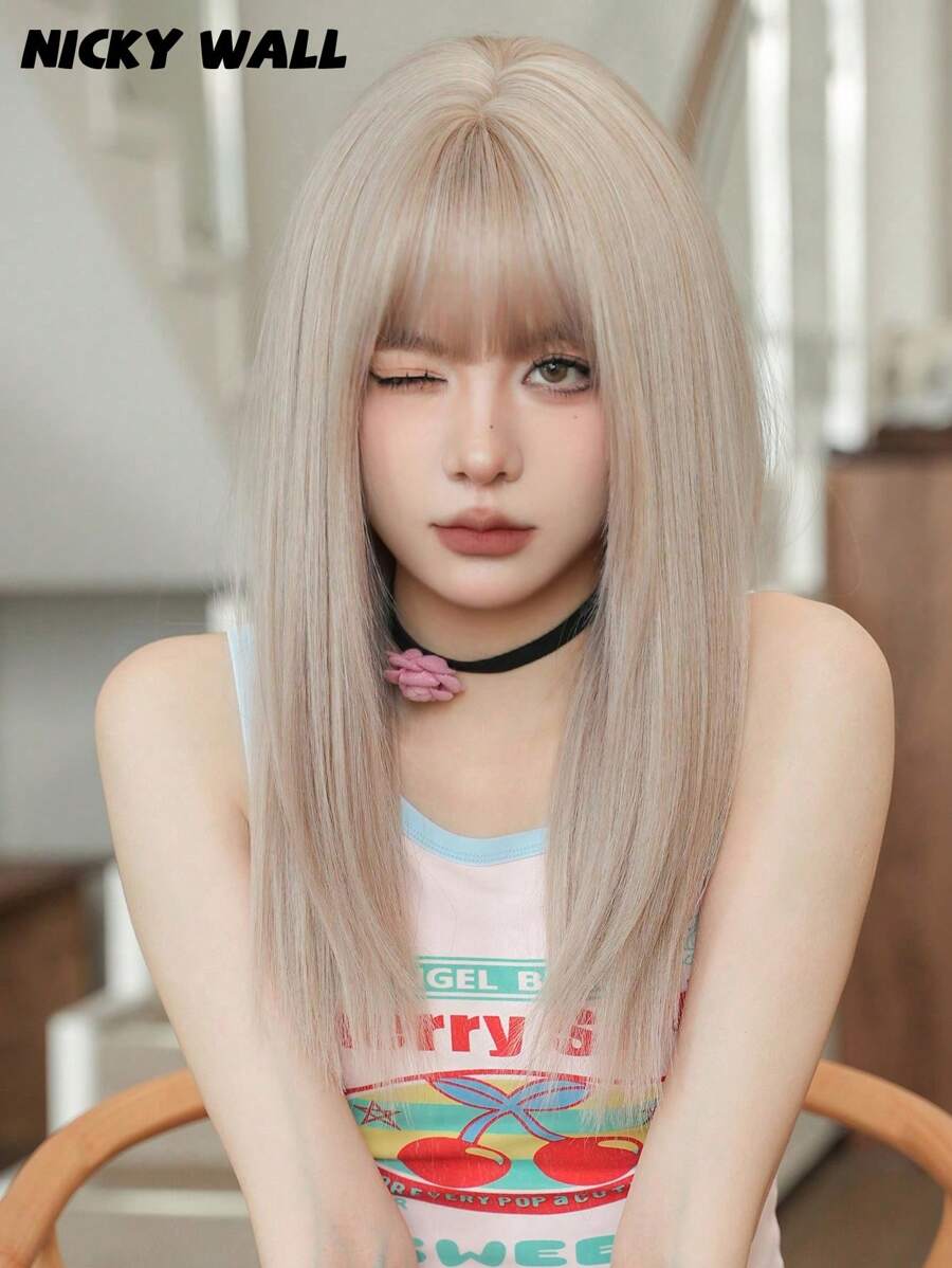 NICKY WALL 女士金色长直假发奶茶灰棕色挑染光泽假发带刘海柔软发际线耐热时尚高品质纤维合成假发适合女孩日常派对使用 22 英寸 - 金色 - 查看 1