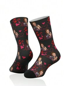 1 Pair Customized Face Print Funny Mid-Calf Socks, With Photo Of Handsome Guys And Gorgeous Ladies, Personalized Mid-Calf Socks For Couples, Suitable For Valentine's Day, Birthday Gifts And Other Occasions