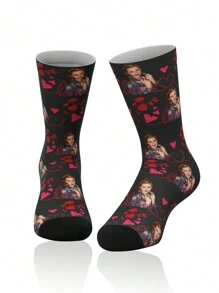1 Pair Customized Face Print Funny Mid-Calf Socks, With Photo Of Handsome Guys And Gorgeous Ladies, Personalized Mid-Calf Socks For Couples, Suitable For Valentine's Day, Birthday Gifts And Other Occasions