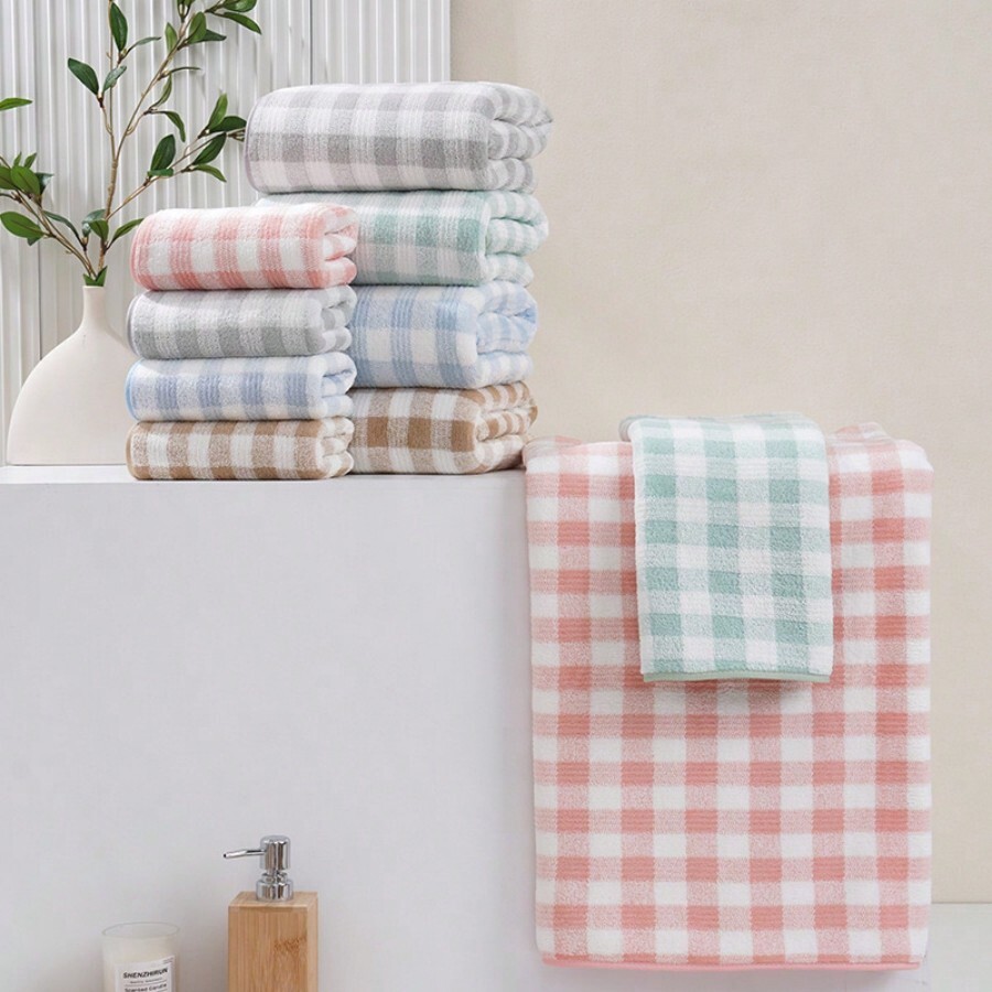 Japanese Simple Plaid Large Bath Towel, Thick Absorbent Jacquard Cotton