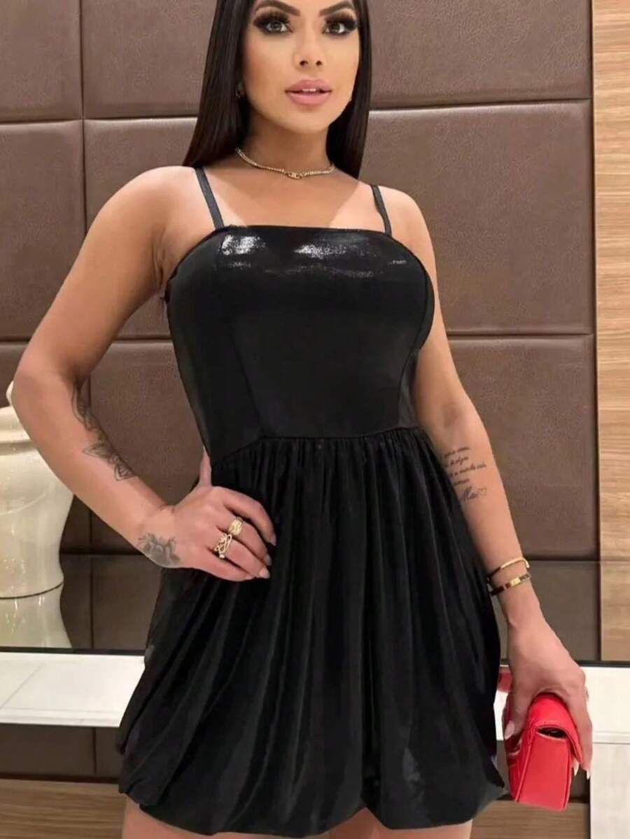 Women's Short Balloon Dress With Thin Straps And Adjustable Good Elasticity 2024 - màu đen - Xem 1