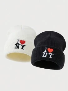 1 件或 2 件女士时尚刺绣字母“I LOVE NY”针织帽，保暖帽，适合秋冬日常装 - A - 查看 5