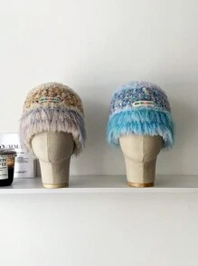 1 件装多巴胺女士保暖渔夫帽，秋冬季，百搭彩色彩虹拼布毛绒绒护耳针织渔夫帽，复古蓬松拼布甜美针织帽，保暖护耳防寒百搭渔夫帽 - 彩色 - 查看 2