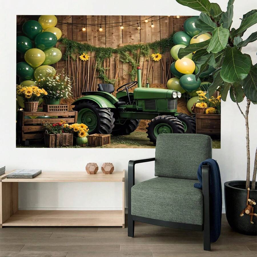 1 件复古拖拉机背景、绿色气球向日葵派对装饰、摄影背景室内外装饰用品，多种尺寸（210*150/150*100/100*75CM） - 彩色 - 查看 1
