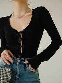 Áo nữ dài tay màu trơn, buộc dây phía trước, kiểu dáng tối giản, thích hợp mặc hàng ngày. - màu đen - Xem 4