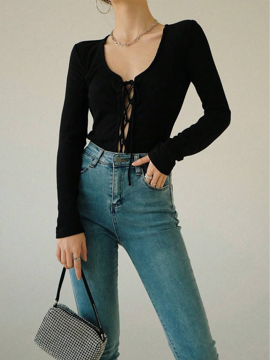 Áo nữ dài tay màu trơn, buộc dây phía trước, kiểu dáng tối giản, thích hợp mặc hàng ngày. - màu đen - Xem 1