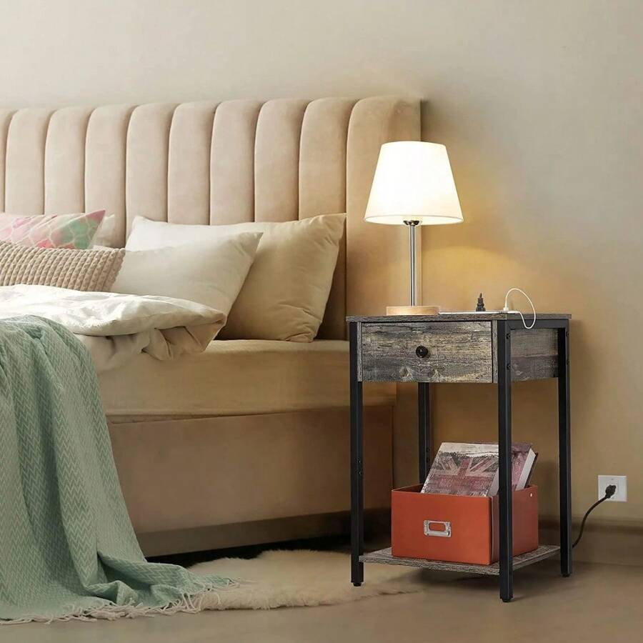 Nightstand End Table Charging Station With USB Ports. Drawer And