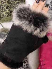 Patchwork Fluffy Warming Y2K Street Style Fingerless Short Gloves With Strap - Multicolor - View 12